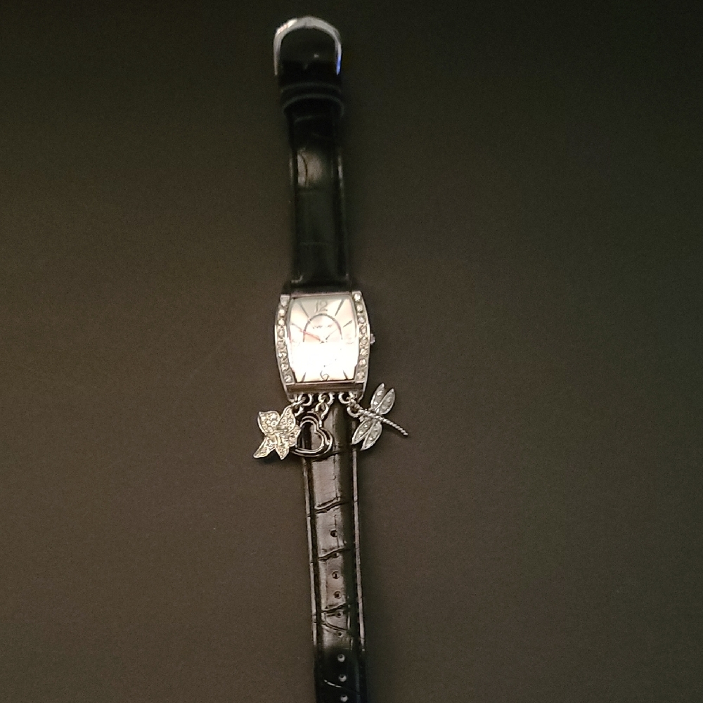 Black Leather Strap Watch with Charms